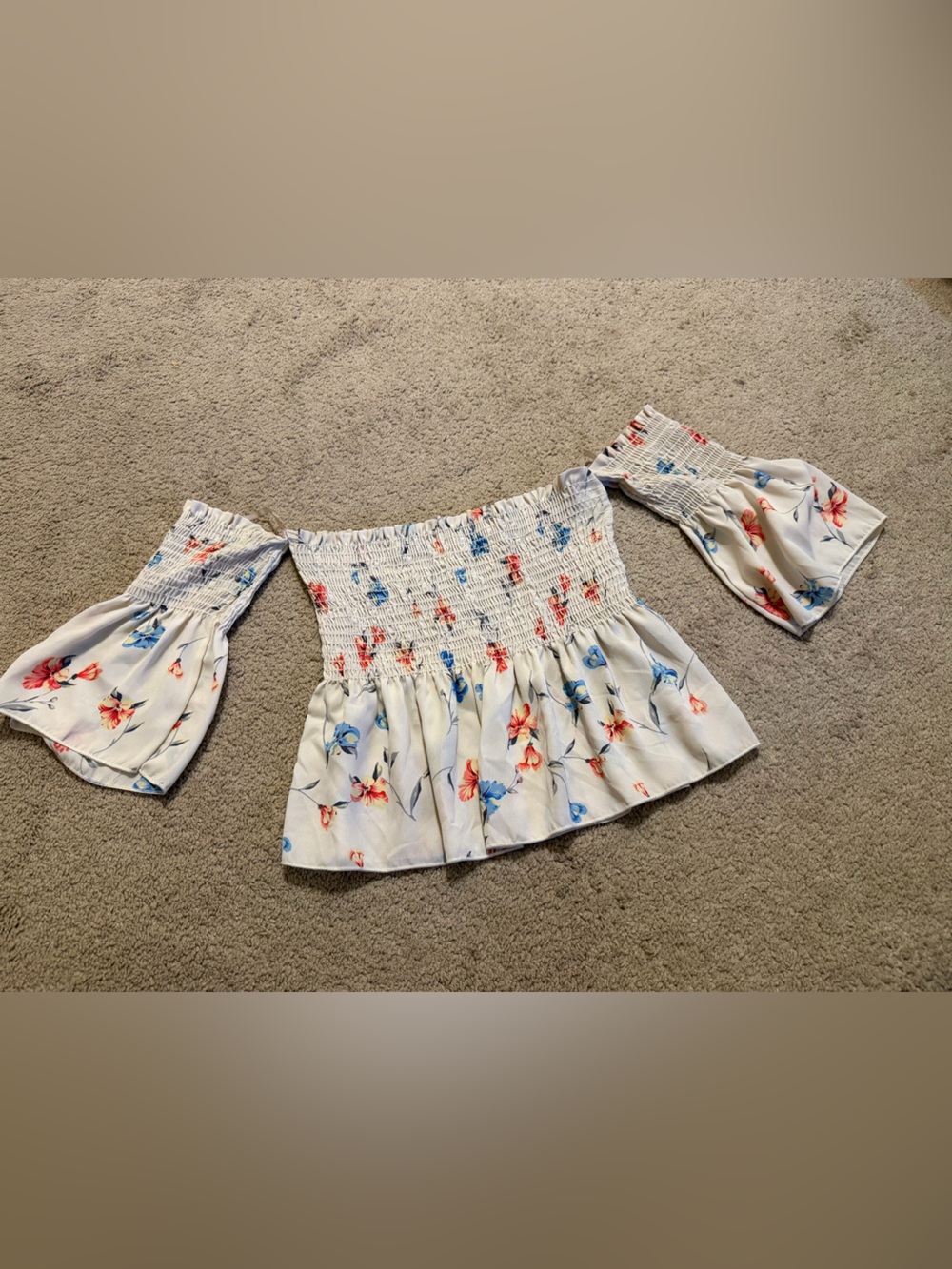 Girls White Floral Off-Shoulder Smocked Peplum Dress
